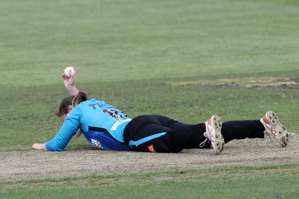 Amanda-Jade Wellington celebrates after her return catch to dismiss Hayley Mathews