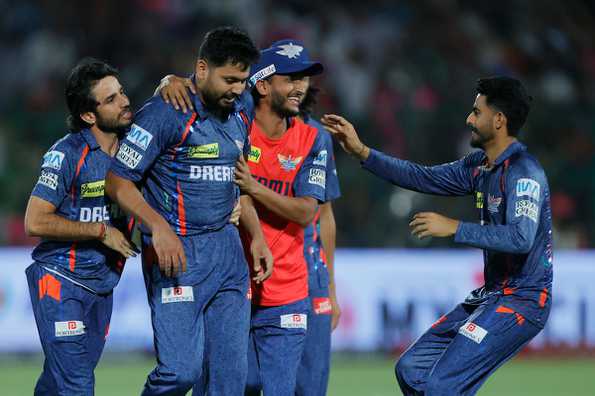 LSG celebrate the win after Avesh Khan defended nine runs in the last over