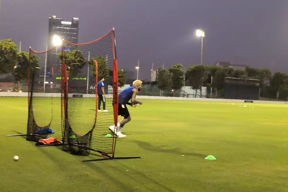 Hardik Pandya during a fielding drill on Friday